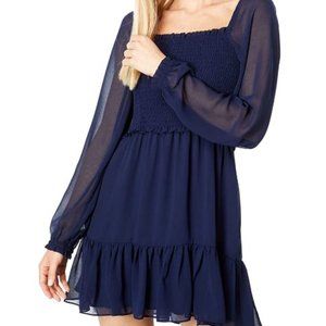 1.STATE Long Sleeve Smocked Top Ruffle Hem Dress Navy